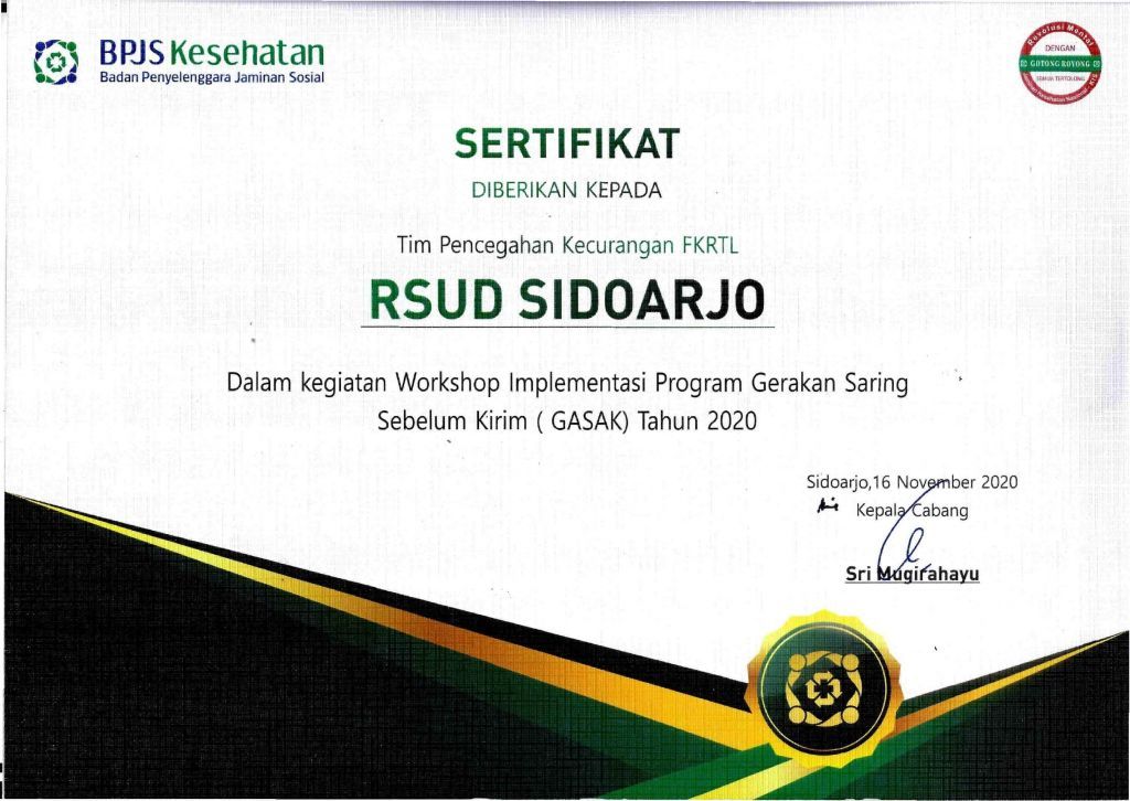 Penghargaan Tim Pencegahan Kecurangan FKRTL Dalam Kegiatan Workshop Implementasi Program Gerakan Saring Sebelum Kirim (GASAK) 2020